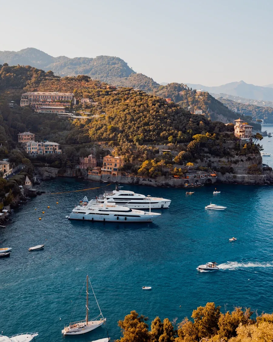 Superyachts at anchor off Portofino